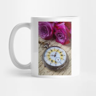 Old Pocket Watch And Red Purple Roses Mug